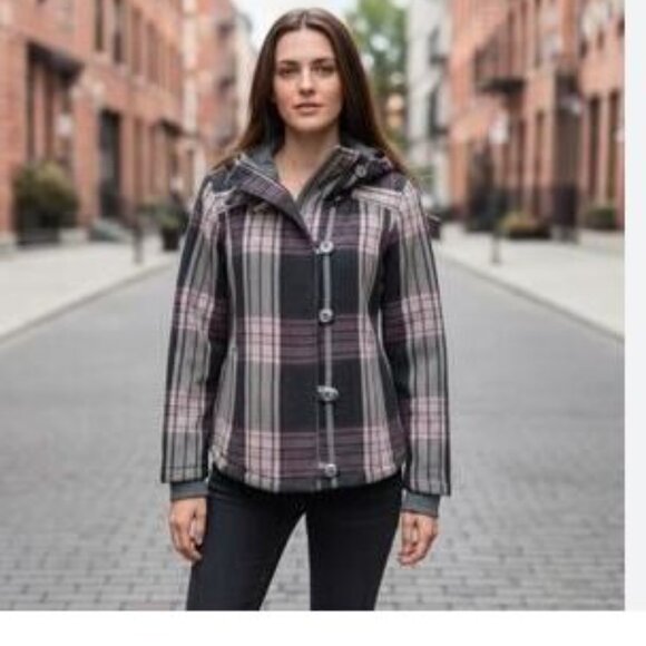 Columbia Women's Omni Shield Hooded Insulated Jacket S Grey Orange Black Plaid - Picture 1 of 7